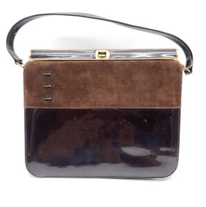 Vntg 1960 Airstep Brown Patent Leather Purse Faux Suede  Gold Tone Trim Clasp.